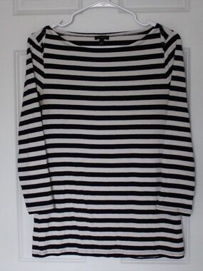 TALBOTS Classic Button-Shoulder Striped 3/4 Length Sleeve Boatneck Top